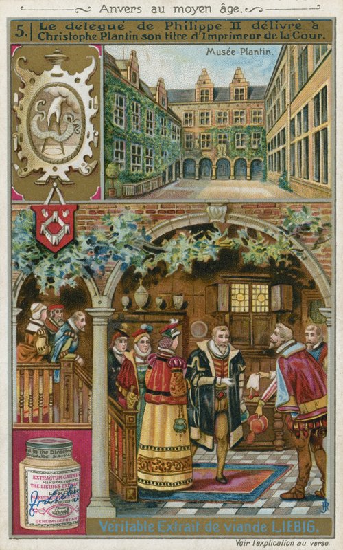 Representanten för Filip II av Spanien presenterar Christophe Plantin med titeln hovtryckare av European School