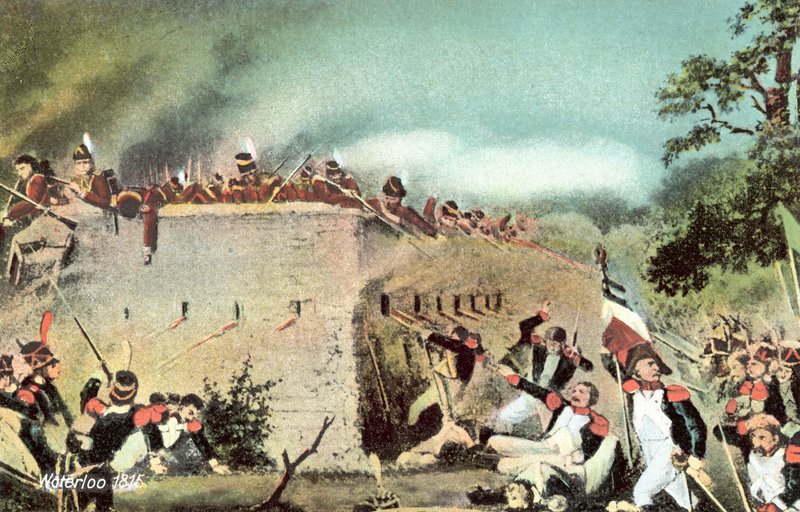 Waterloo 1815, attack mot slottet Hougoumont av franskt infanteri av European School