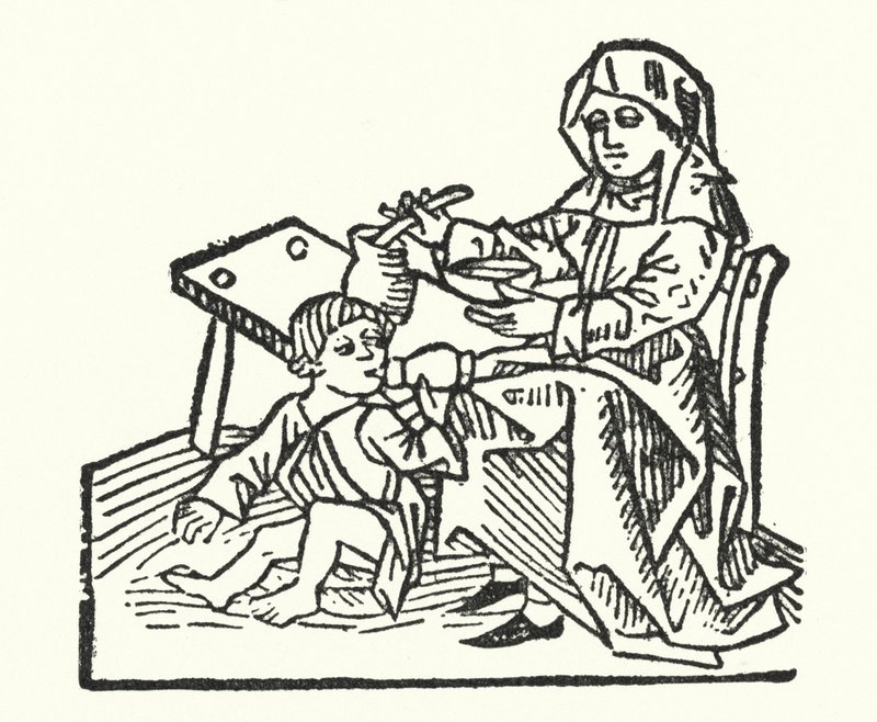 1400-talssköterska och barn (gravyr) av European School