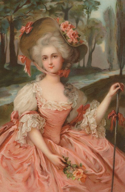 1700-talskvinna i rosa klänning (chromolitho) av European School