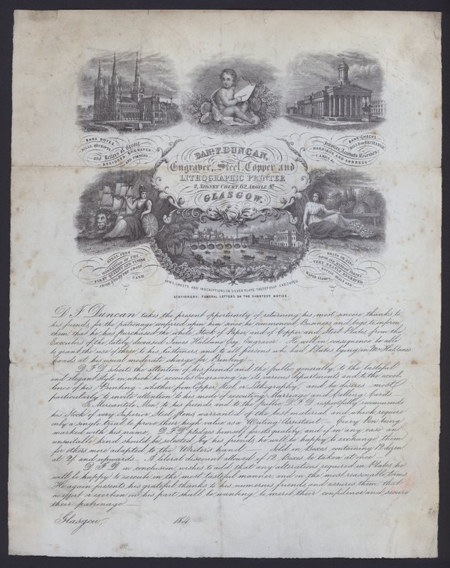 Annons för gravör och litografisk tryckare, Daniel F Duncan från Glasgow (litho) av European School