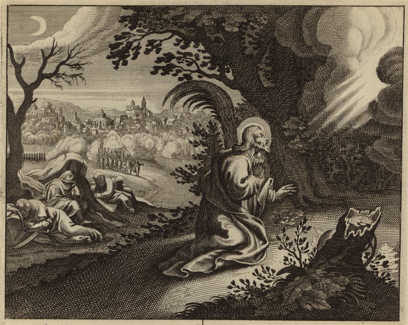 Jesu Kristi ångest i Getsemane trädgård (gravyr) av European School