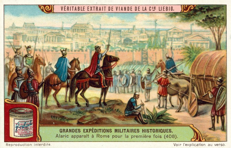 Alarik, västgoternas kung, anländer till Roms portar för första gången, 408 (chromolitho) av European School