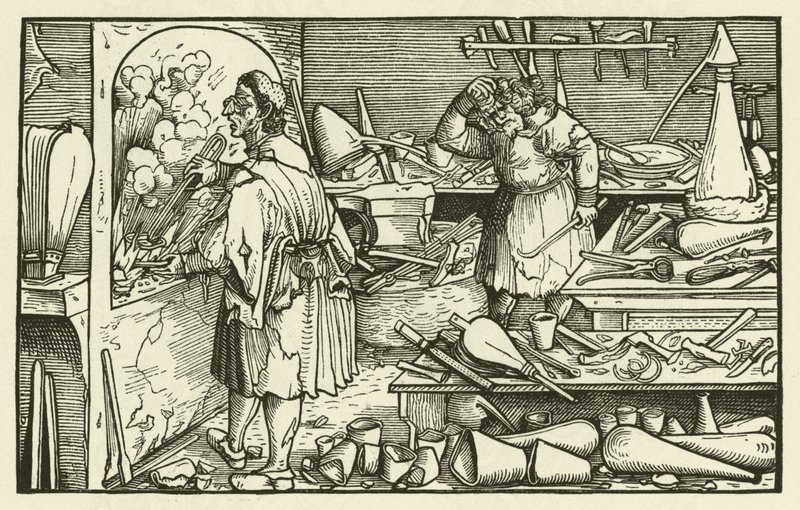 Alkemistens laboratorium på 1500-talet (träsnitt) av European School