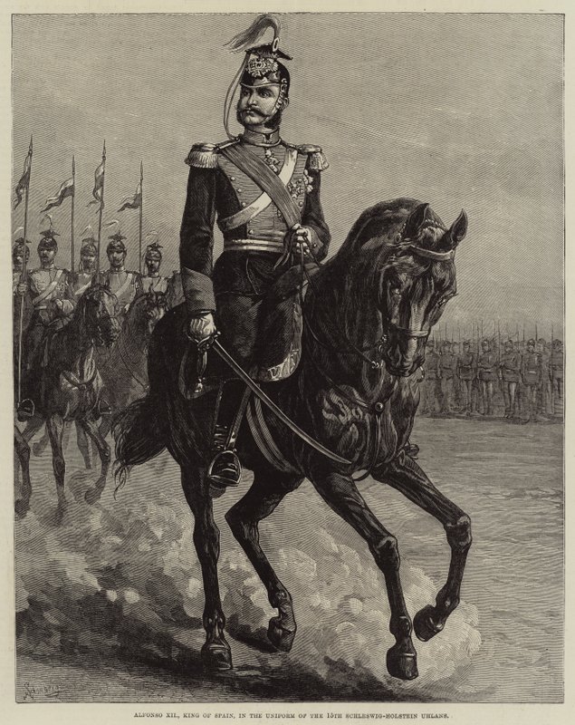 Alfonso XII, kung av Spanien, i uniformen av 15:e Schleswig-Holstein Uhlans (gravyr) av European School