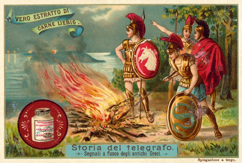 Forntida greker signalerar med eld (chromolitho) av European School