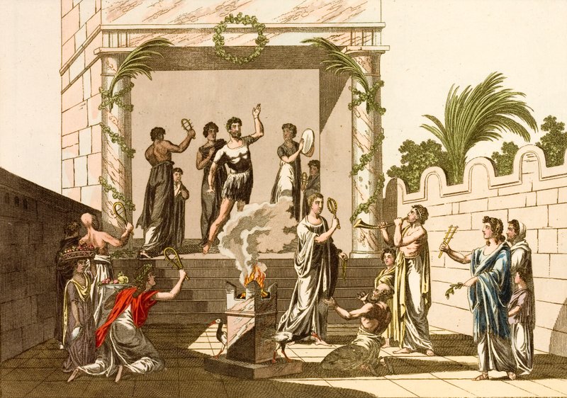 Forntida romare utför riterna av Isis, Pompeji (färgad gravyr) av European School