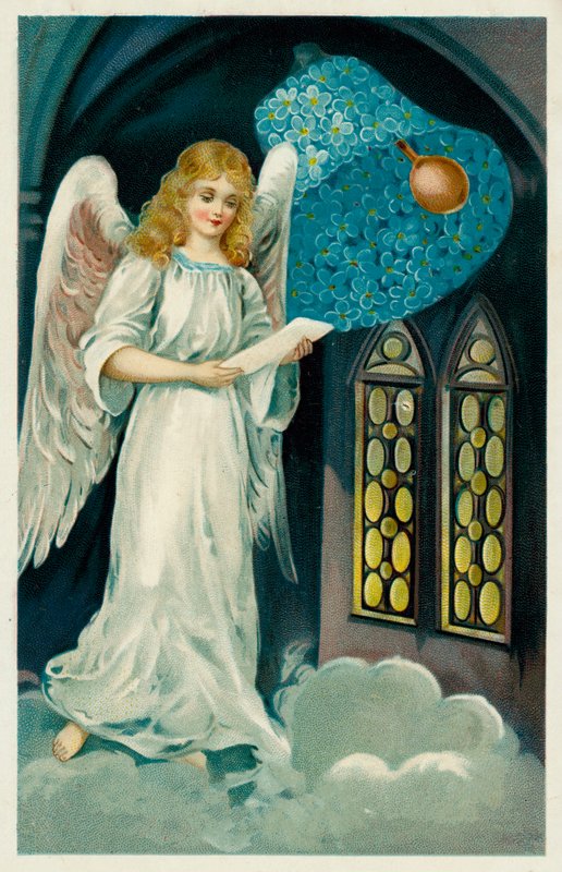 Ängel och klocka av blommor (chromolitho) av European School