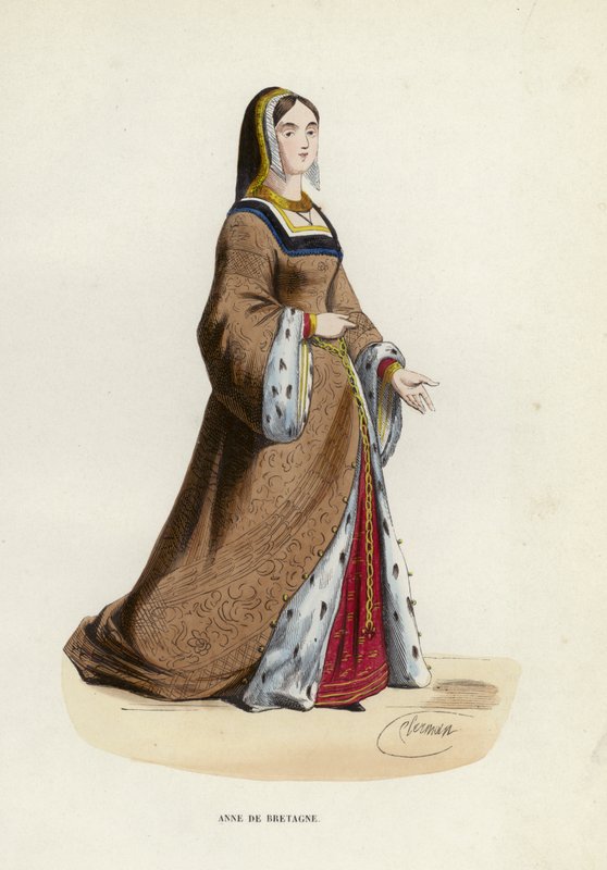 Anne De Bretagne (färgad gravyr) av European School