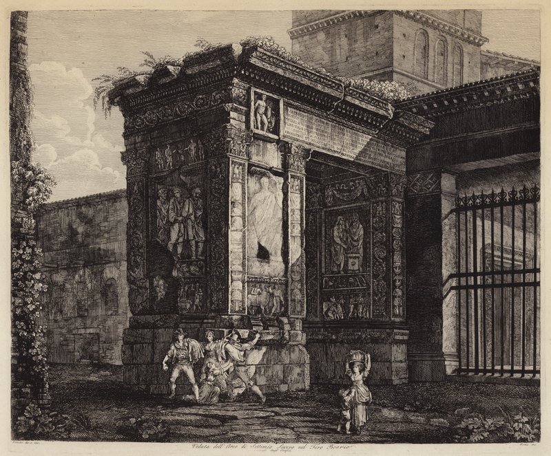 Båge av Septimius Severus och Forum Boarium, Rom, Italien (gravyr) av European School