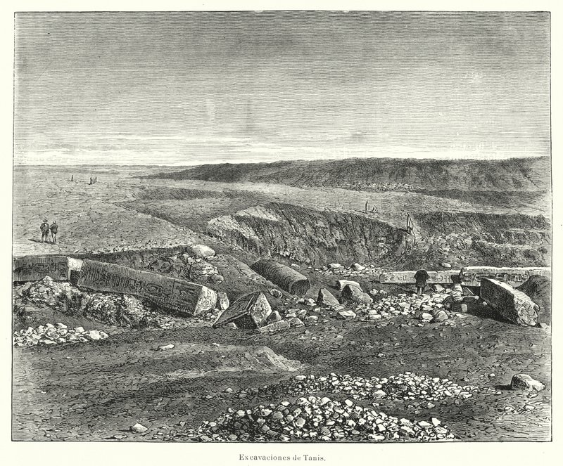 Arkeologiska utgrävningar av den antika egyptiska staden Tanis (litho) av European School