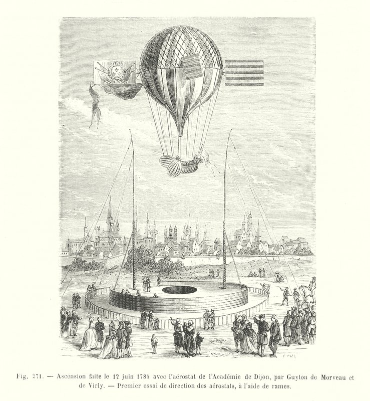 Uppstigning gjordes den 12 juni 1784 med aerostaten från Academy of Dijon, av Guyton de Morveau och de Virly, Första testet av riktning av aerostater, med åror (gravyr) av European School