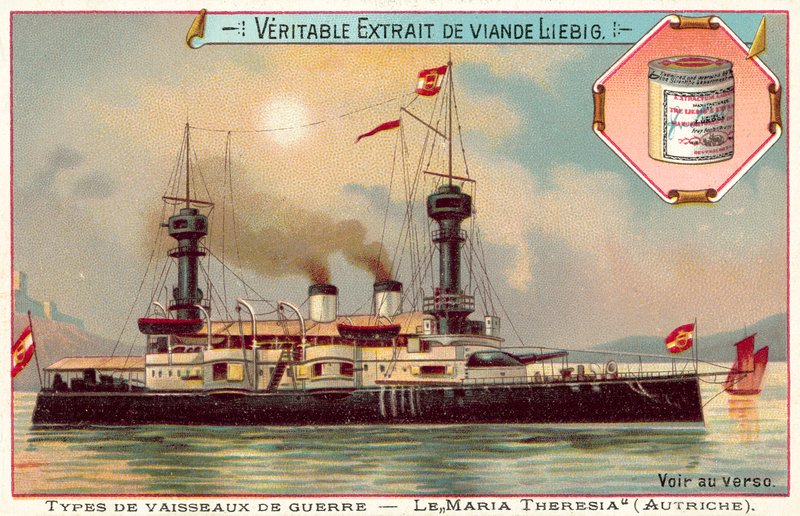 Österrikisk pansarkryssare SMS Konigin Maria Theresia (chromolitho) av European School