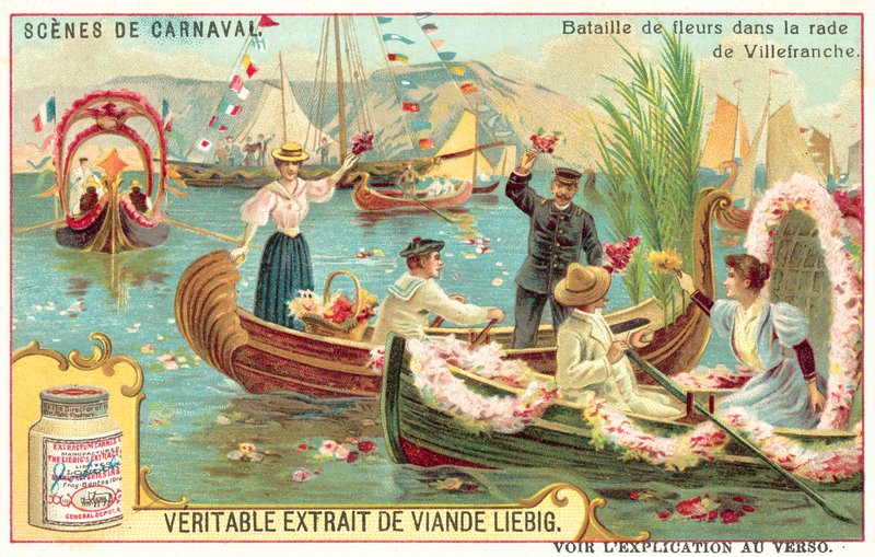 Slaget om blommor i hamnen i Villefranche, Frankrike (chromolitho) av European School