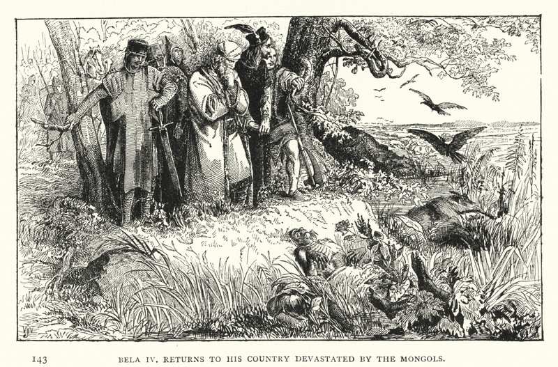 Bela IV, återvänder till sitt land ödelagt av mongolerna (gravyr) av European School