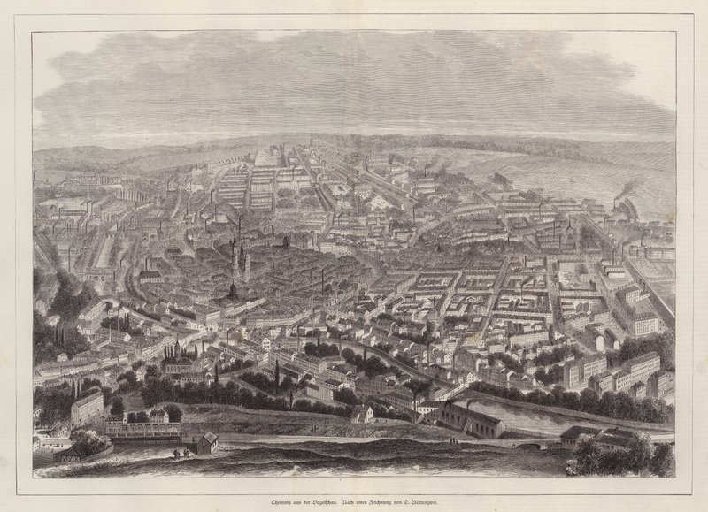 Fågelperspektiv av Chemnitz, Tyskland (gravyr) av European School