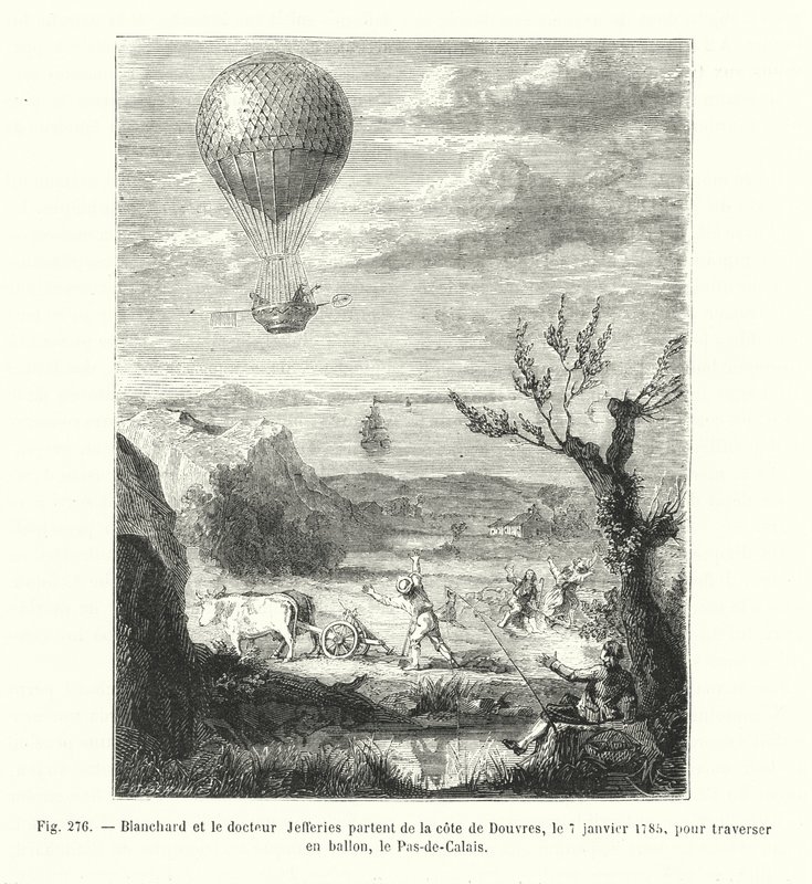 Blanchard och doktor Jefferies lämnar Dovers kust den 7 januari 1785 för att korsa Pas-de-Calais i en ballong (gravyr) av European School