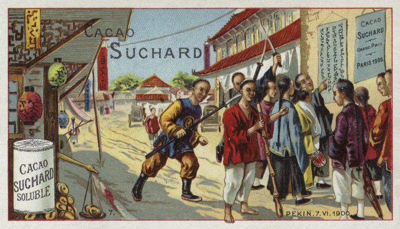 Boxare på en gata i Peking, Kina, Boxer Rebellion, 7 juni 1900 av European School