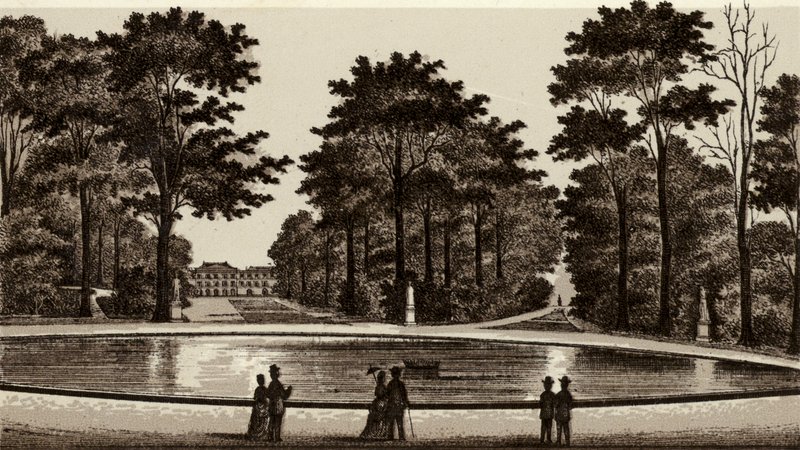 Bruxelles / Bryssel: Utsikt över parken (litho) av European School