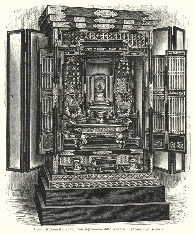 Buddhistiskt inhemskt altare, från Japan (gravyr) av European School