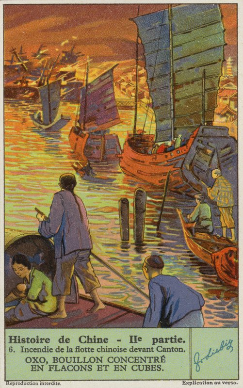 Bränning av den kinesiska flottan vid Kanton (chromolitho) av European School