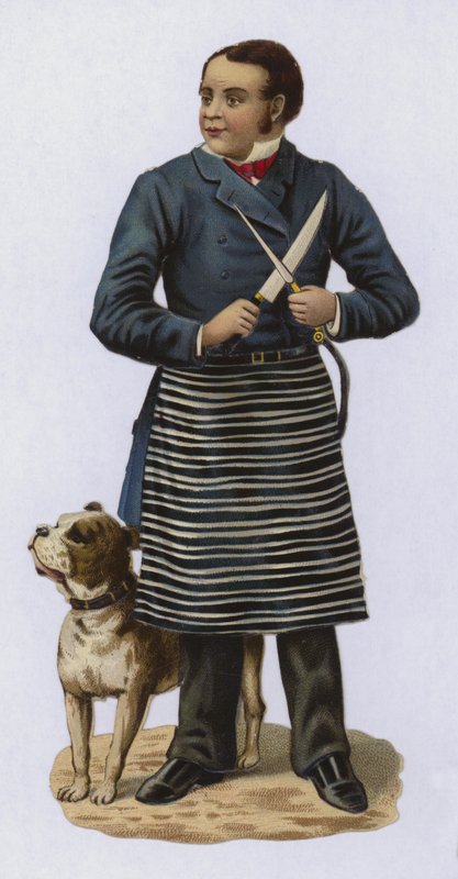 Slaktare, slipkniv, med hund av European School