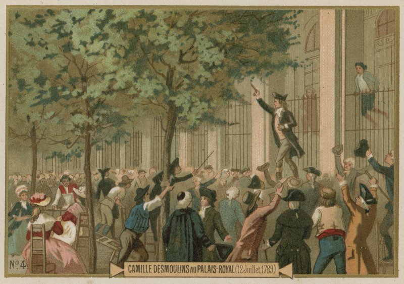 Camille Desmoulins utfärdar sin uppmaning till vapen utanför Palais Royal, Paris, franska revolutionen, 12 juli 1789 av European School