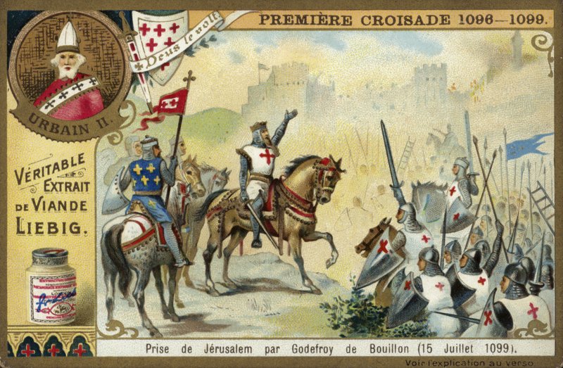 Erövring av Jerusalem av Godfrey av Bouillon, första korståget, 15 juli 1099 av European School