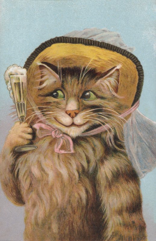 Katt med hatt och ett glas champagne i handen (chromolitho) av European School