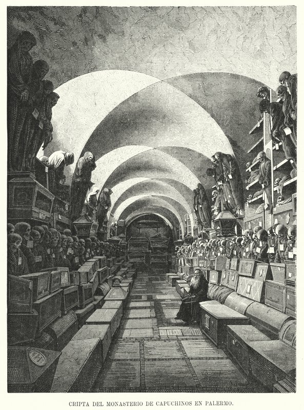 Katakomberna i Capuchin-klostret, Palermo, Sicilien, Italien (litho) av European School