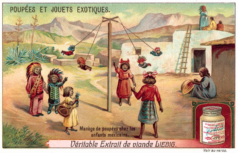 Barn i Mexiko leker med dockor på en karusell (chromolitho) av European School