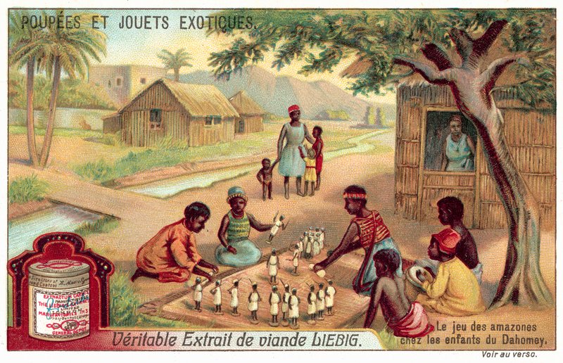 Barn som spelar en omgång Amazons i Dahomey (chromolitho) av European School