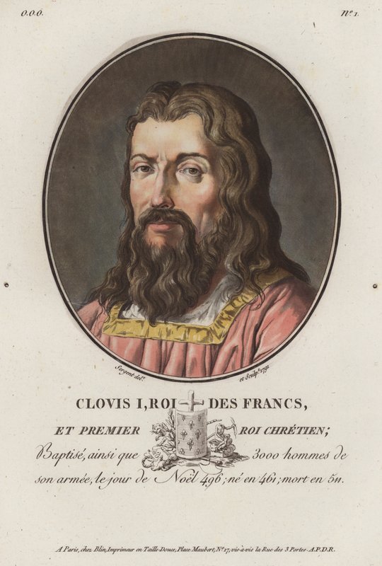 Clovis I, Frankernas kung (färgad gravyr) av European School