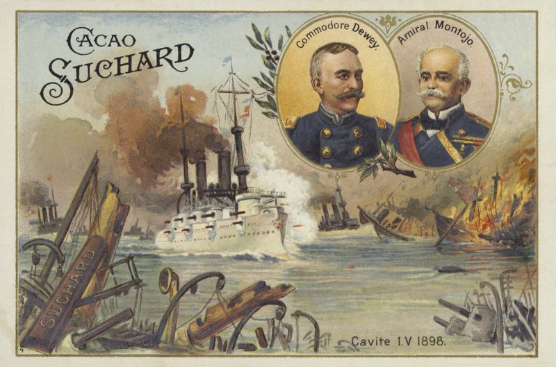 Commodore George Dewey och amiral Patricio Montojo, Slaget vid Manila Bay, spansk-amerikanska kriget, 1 maj 1898 av European School