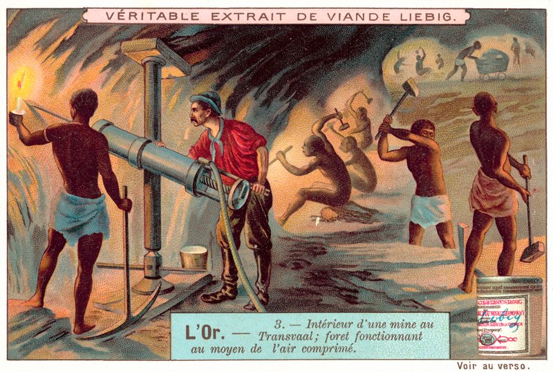 Tryckluftsborr i en guldgruva i Transvaal (chromolitho) av European School
