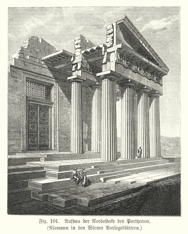 Konstruktion av det nordöstra hörnet av Parthenon, Aten, antikens Grekland (gravyr) av European School