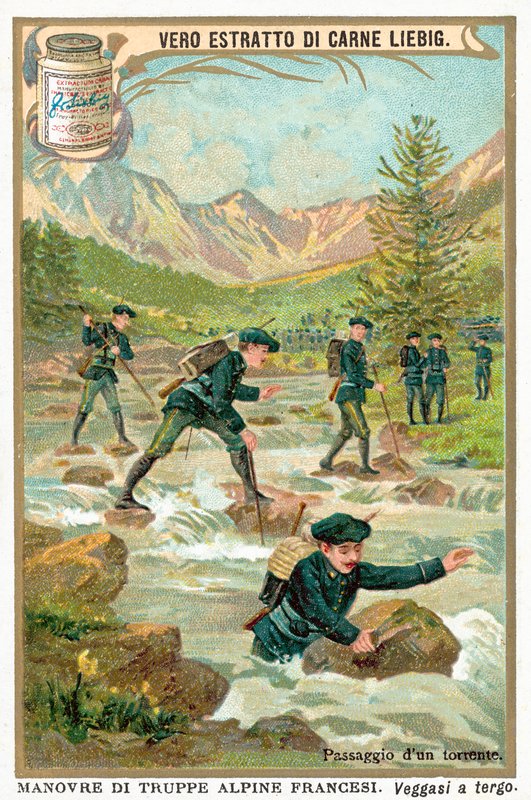 Att korsa en bergstorm (chromolitho) av European School