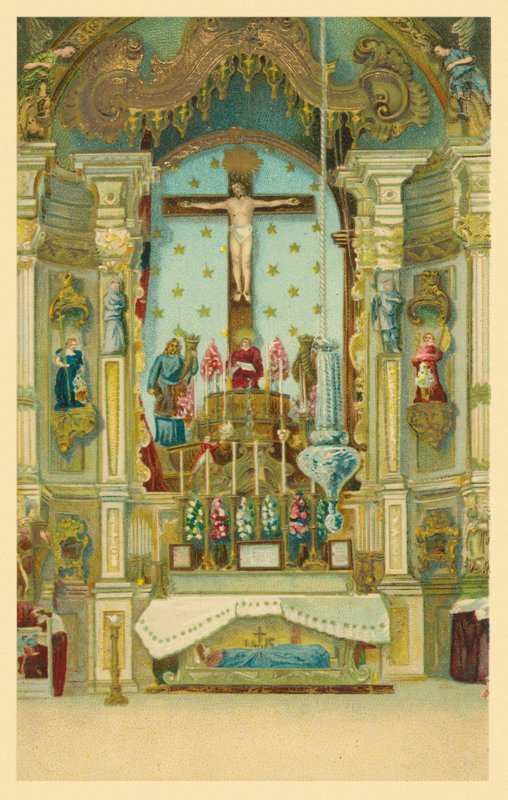 Korsfäst kristusfigur över ett kyrkoaltare (kromolitho) av European School