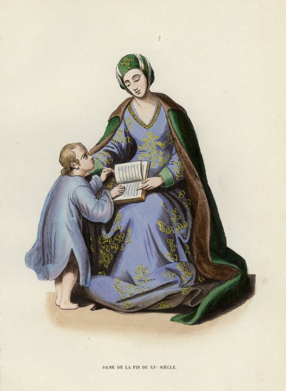 Lady of the End of the 15th Century (färgad gravyr) av European School