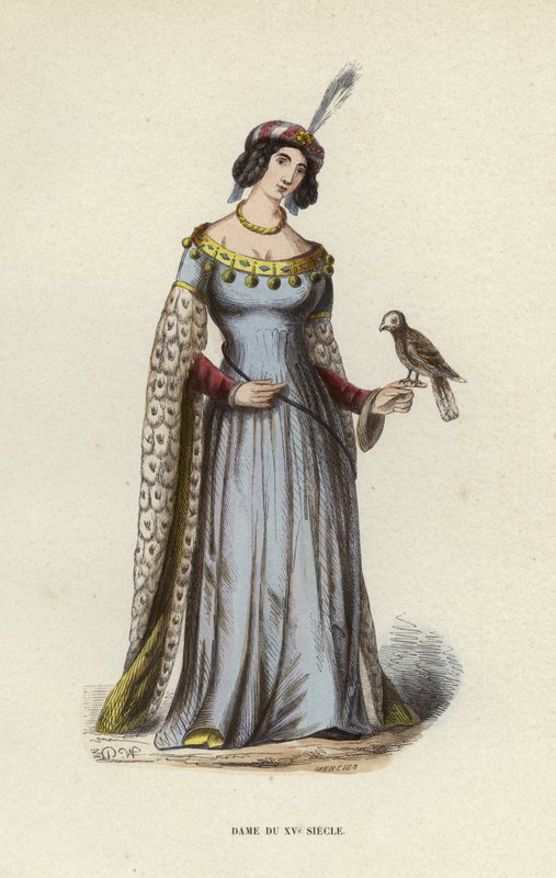 Lady of the 15th Century (färgad gravyr) av European School