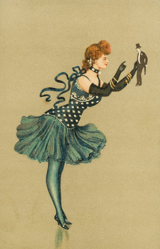 Dansare som håller i en liten mansfigur (chromolitho) av European School