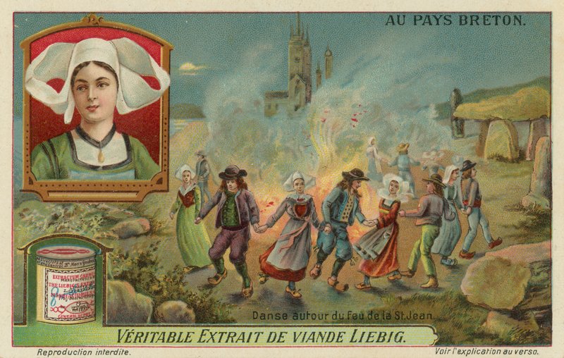 Dans runt elden på Johannesafton (midsommar) (chromolitho) av European School