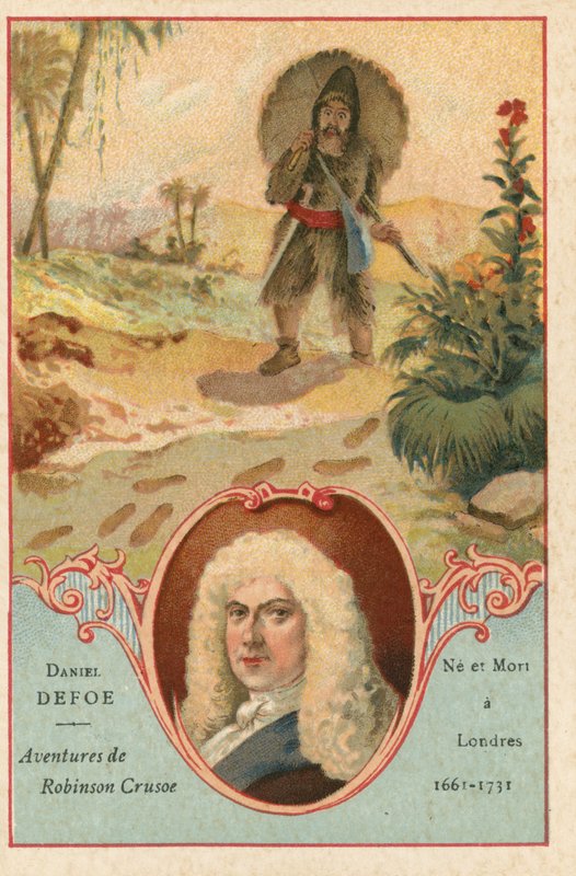 Daniel Defoe, engelsk romanförfattare, och en scen från Robinson Crusoe av European School