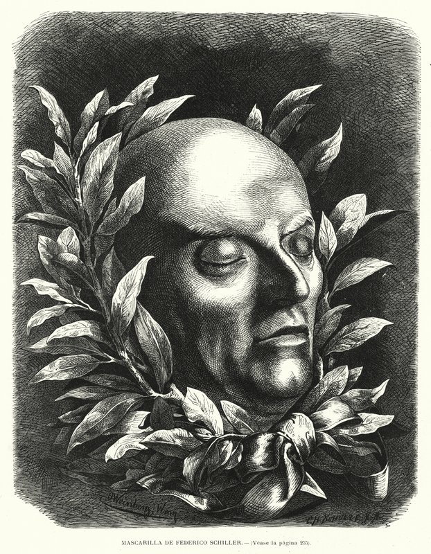Dödsmask av den tyske poeten Friedrich Schiller (litho) av European School