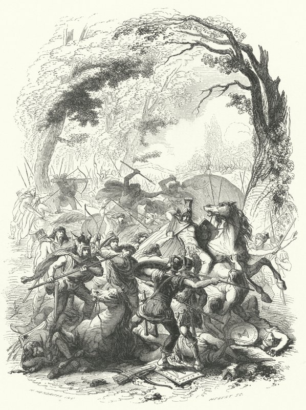 Den romerska arméns nederlag under Sabinus och Cotta av gallerna, 54 f.Kr. (gravyr) av European School