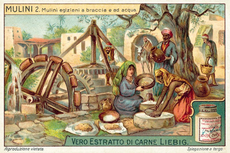 Egyptiska hand- och vattendrivna kvarnar (chromolitho) av European School