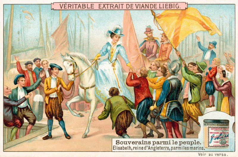 Elizabeth I av England bland hennes flottans sjömän (chromolitho) av European School