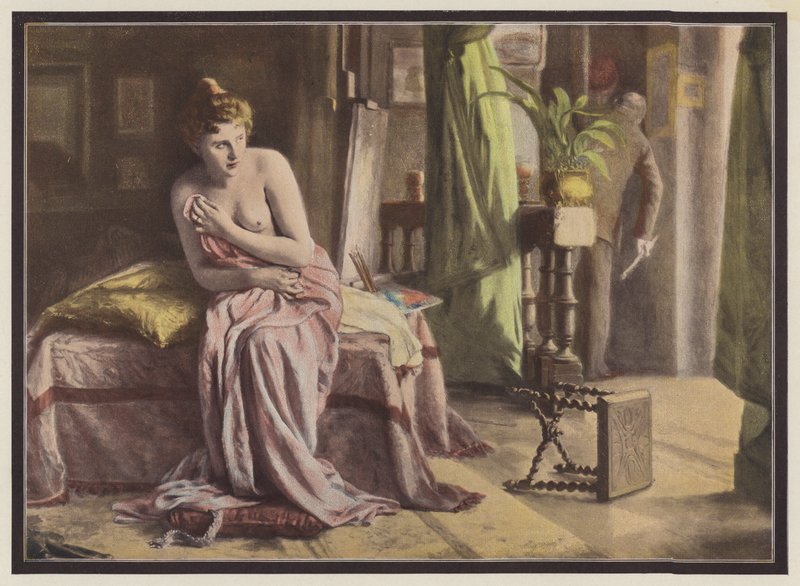Känslor, kvinna som sitter på en säng (färg litho) av European School