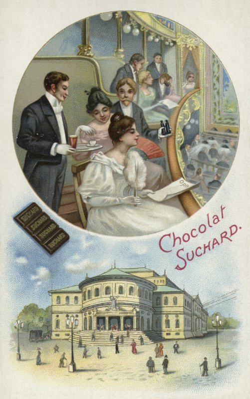 Njuter av Suchard-choklad på operan eller teatern av European School