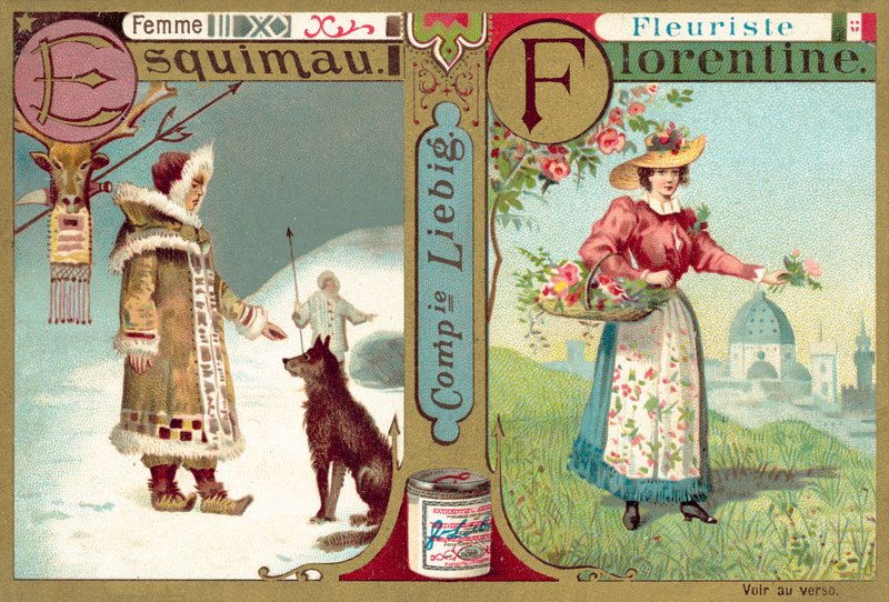 Eskimåkvinna och florentinsk florist (chromolitho) av European School